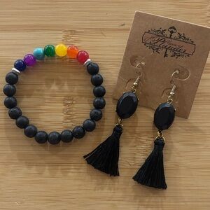 Brand New 7 Chakra Natural Lava Stone Bracelet & Black Fringe Tassel Earrings